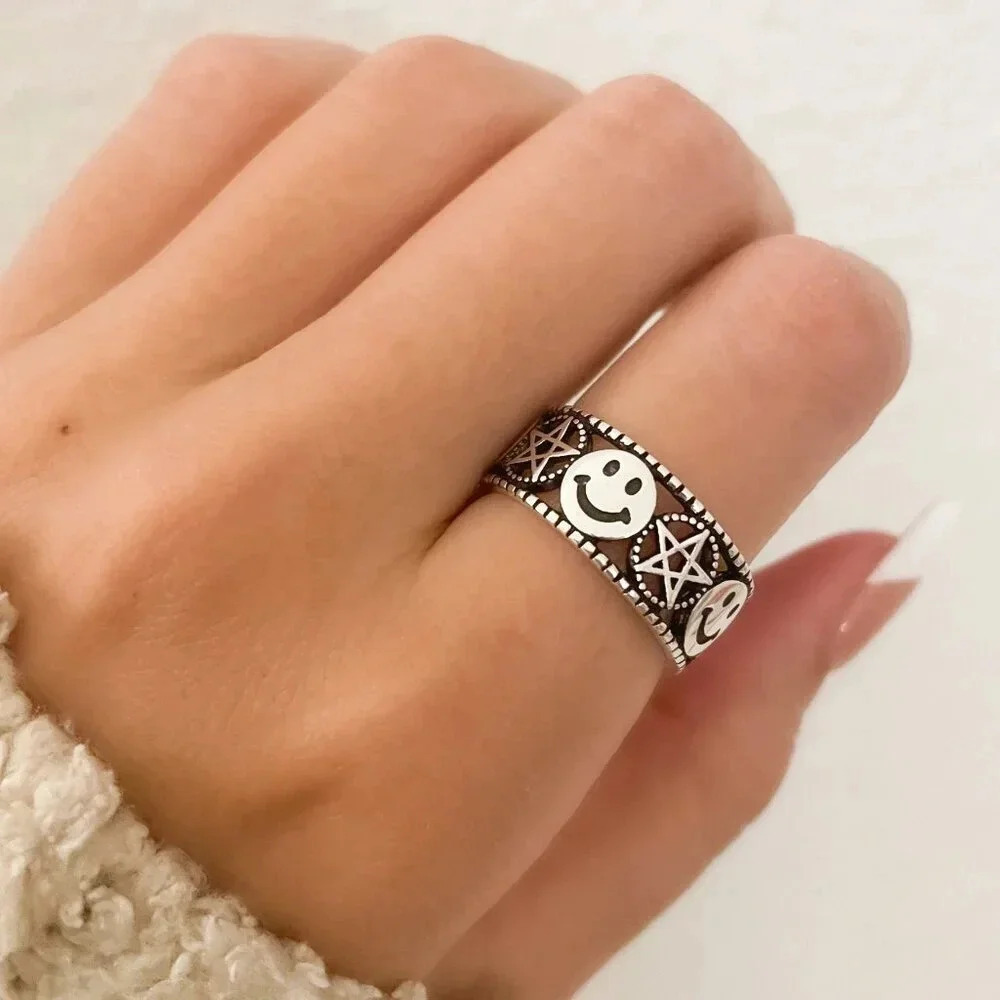 925 Sterling Silver Happy Face Ring Minimalist Ring Band Smiley Face Star Ring